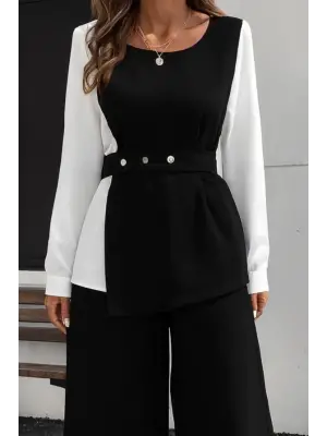 Kadın Uzun Kollu Açık Yakalı çift Renkli Kemerli Ithal Krep Ikili Takım