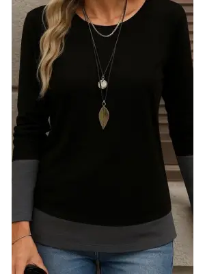 Kadın Uzun Kollu Açık Yuvarlak Yaka Blok Renkli Viskon Bluz