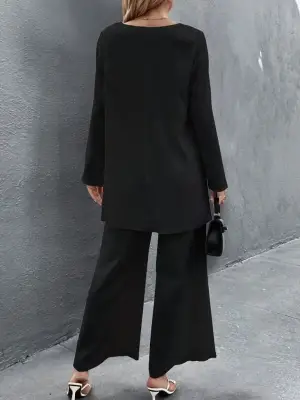 Kadın Uzun Kollu Asimetrik Detaylı Salaş Sandy Bluz Ve Pantolon Ikili Takım