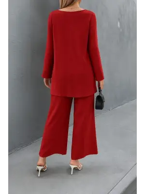 Kadın Uzun Kollu Asimetrik Detaylı Salaş Sandy Bluz Ve Pantolon Ikili Takım