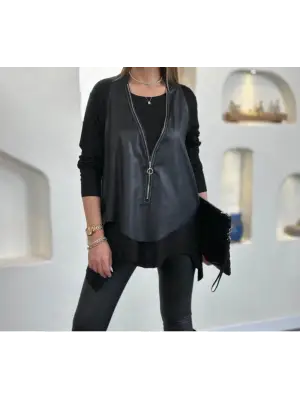 Kadın Uzun Kollu Asimetrik Kesim Viskon Bluz Ve çatlak Deri Görünümlü Yelek Ikili Takım