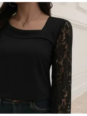 Kadın Uzun Kollu Asimetrik Yakalı Dantelli Ithal Krep Bluz