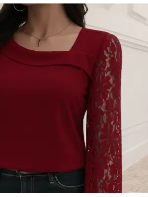 Kadın Uzun Kollu Asimetrik Yakalı Dantelli Ithal Krep Bluz