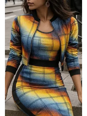 Kadın Uzun Kollu Askılı Yuvarlak Yaka Desenli Dalgıç Bluz Ceket Ve Etek üçlü Takım