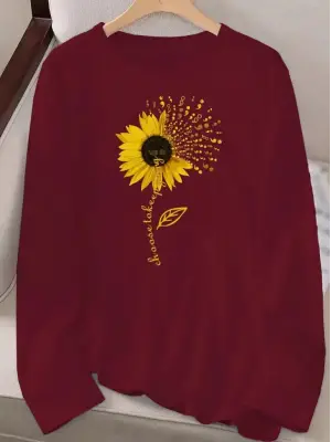 Omarı Rahat ve Şık Uzun Kollu Ayçiçeği Desenli Bluz