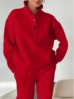 Kadın Uzun Kollu Balıkçı Dik Yakalı Düğmeli üç Iplik Bluz Ve Pantolon Ikili Takım