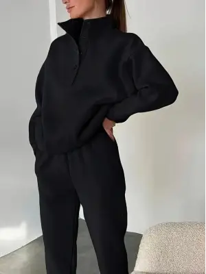 Kadın Uzun Kollu Balıkçı Dik Yakalı Düğmeli üç Iplik Bluz Ve Pantolon Ikili Takım