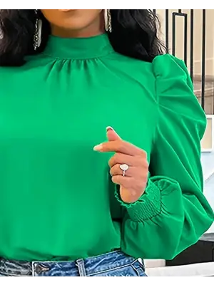 Kadın Uzun Kollu Balıkçı Yaka Arkadan Bağlamalı Omuzlardan Balon Ithal Krep Bluz