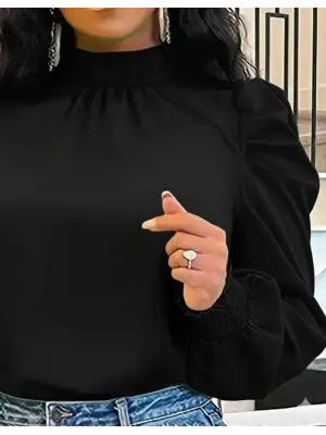 Kadın Uzun Kollu Balıkçı Yaka Arkadan Bağlamalı Omuzlardan Balon Ithal Krep Bluz