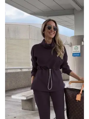 Kadın Uzun Kollu Balıkçı Yaka Belden Lastikli Modal Bluz Ve Pantolon Ikili Takım