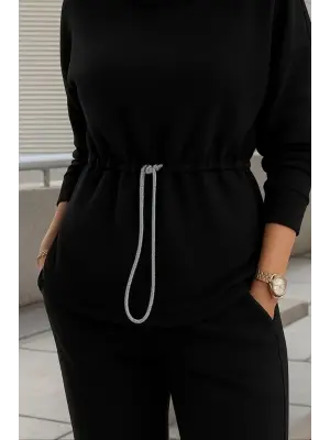 Kadın Uzun Kollu Balıkçı Yaka Belden Lastikli Modal Bluz Ve Pantolon Ikili Takım