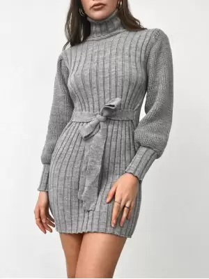 Kadın Uzun Kollu Balıkçı Yaka Beli Kuşaklı Mini Triko Elbise