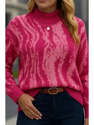 Kadın Uzun Kollu Balıkçı Yaka çok Renkli Triko Bluz