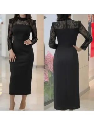 Kadın Uzun Kollu Balıkçı Yaka Dantel Detaylı Midi Ithal Krep Elbise