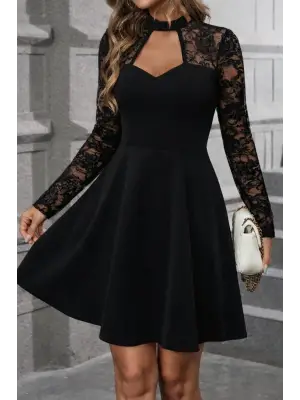 Kadın Uzun Kollu Balıkçı Yaka Dantelli Ithal Krep Kısa Kiloş Elbise