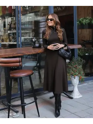 Kadın Uzun Kollu Balıkçı Yaka Derin Yırtmaç Detay Krep Elbise