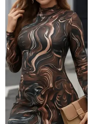 Kadın Uzun Kollu Balıkçı Yaka Desenli Dalgıç Elbise