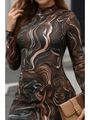 Kadın Uzun Kollu Balıkçı Yaka Desenli Dalgıç Elbise