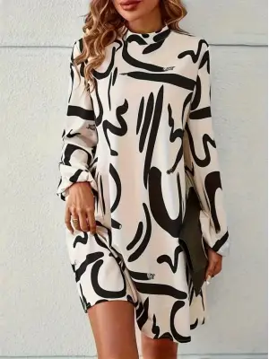 Kadın Uzun Kollu Balıkçı Yaka Desenli şardonlu Dalgıç Elbise