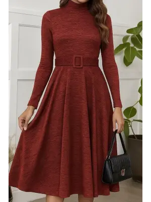 Kadın Uzun Kollu Balıkçı Yaka Kemer Detaylı Yumoş Midi Elbise