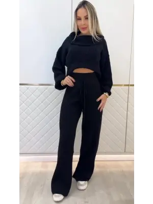 Kadın Uzun Kollu Balıkçı Yaka Kısa Triko Bluz Ve Pantolon Ikili Takım