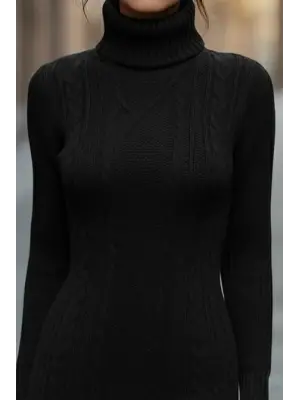 Kadın Uzun Kollu Balıkçı Yaka Kısa Triko Elbise