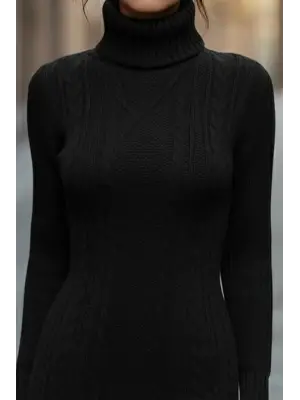 Kadın Uzun Kollu Balıkçı Yaka Kısa Triko Elbise