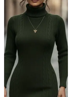 Kadın Uzun Kollu Balıkçı Yaka Kısa Triko Elbise