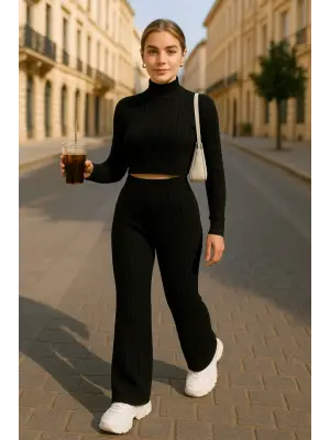 Kadın Uzun Kollu Balıkçı Yaka Krop Ve Pantolon şardonlu Kaşkorse Ikili Takım