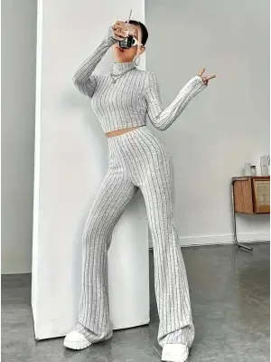 Kadın Uzun Kollu Balıkçı Yaka Krop Ve Pantolon şardonlu Kaşkorse Ikili Takım