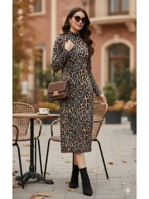 Kadın Uzun Kollu Balıkçı Yaka Leopar Desenli Midi Boy Elbise