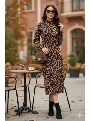 Kadın Uzun Kollu Balıkçı Yaka Leopar Desenli Midi Boy Elbise