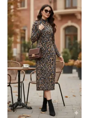 Kadın Uzun Kollu Balıkçı Yaka Leopar Desenli Midi Boy Elbise