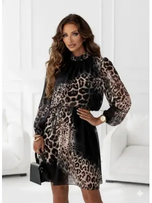 Kadın Uzun Kollu Balıkçı Yaka Leopar Desenli şifon Mini Elbise
