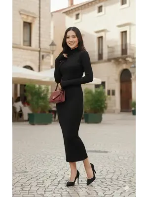 Kadın Uzun Kollu Balıkçı Yaka Midi Boy Elbise