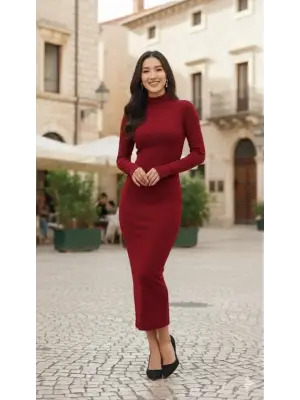 Kadın Uzun Kollu Balıkçı Yaka Midi Boy Elbise