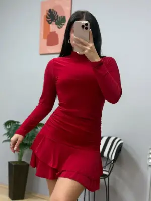 Kadın Uzun Kollu Balıkçı Yaka Mini Fırfırlı Sandy Elbise