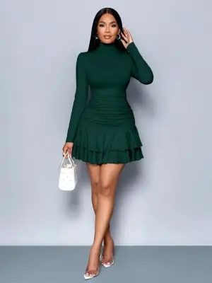 Kadın Uzun Kollu Balıkçı Yaka Mini Fırfırlı Sandy Elbise
