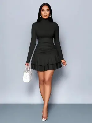 Kadın Uzun Kollu Balıkçı Yaka Mini Fırfırlı Sandy Elbise