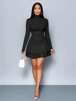 Kadın Uzun Kollu Balıkçı Yaka Mini Fırfırlı Sandy Elbise