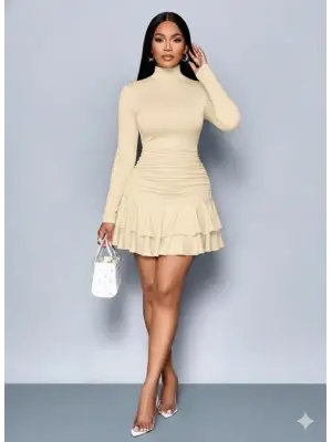 Kadın Uzun Kollu Balıkçı Yaka Mini Fırfırlı Sandy Elbise