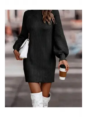 Kadın Uzun Kollu Balıkçı Yaka Mini Triko Elbise