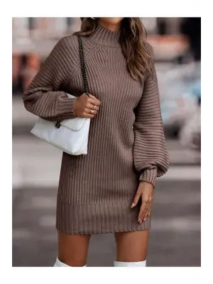 Kadın Uzun Kollu Balıkçı Yaka Mini Triko Elbise