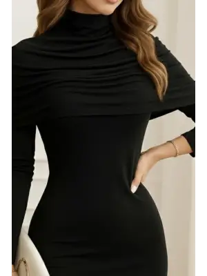 Kadın Uzun Kollu Balıkçı Yaka Omuz Katlamalı Dalgıç Kısa Elbise