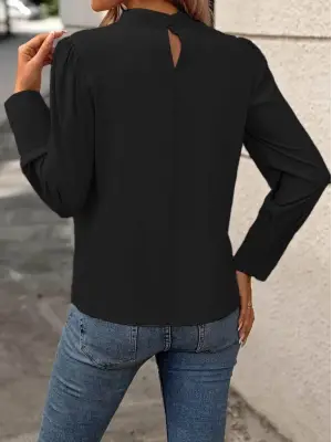 Kadın Uzun Kollu Balıkçı Yaka önden Dikişli Dokuma Bluz