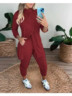 Kadın Uzun Kollu Balıkçı Yaka önden Düğmeli Bluz Ve Pantolon Yumoş Ikili Takım