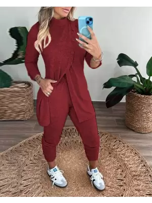 Kadın Uzun Kollu Balıkçı Yaka önden Düğmeli Bluz Ve Pantolon Yumoş Ikili Takım