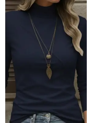 Kadın Uzun Kollu Balıkçı Yaka önden şerit Detay Dalgıç Bluz