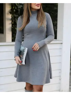 Kadın Uzun Kollu Balıkçı Yaka Salaş Kusa Akrilik Elbise