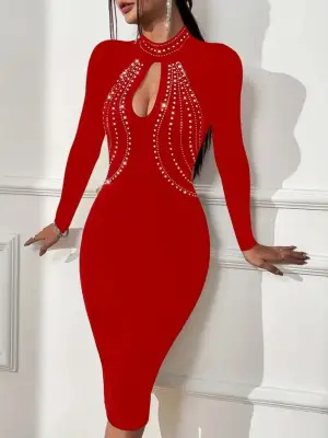 Kadın Uzun Kollu Balıkçı Yaka Taşlı Damla Detay Midi Ithal Krep Elbise